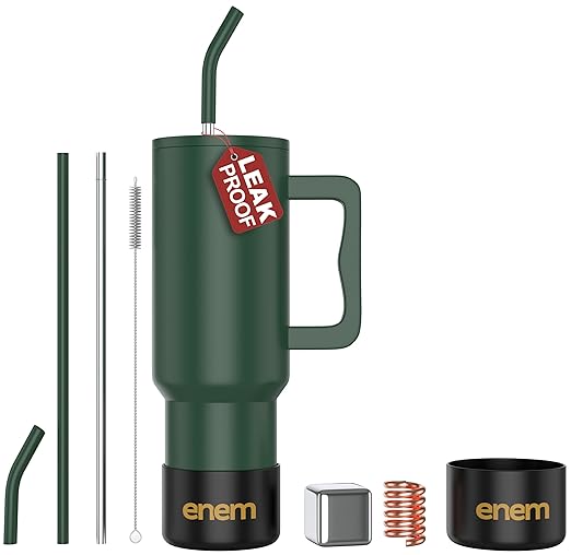 enem Tumbler, Deep Jungle, Tumbler with Metal Straw, Sipper, with Lid , 1 Metal Ice Cube, 1 Copper Spring (Tamba), Base Protector, Mug Travel, 1.2L