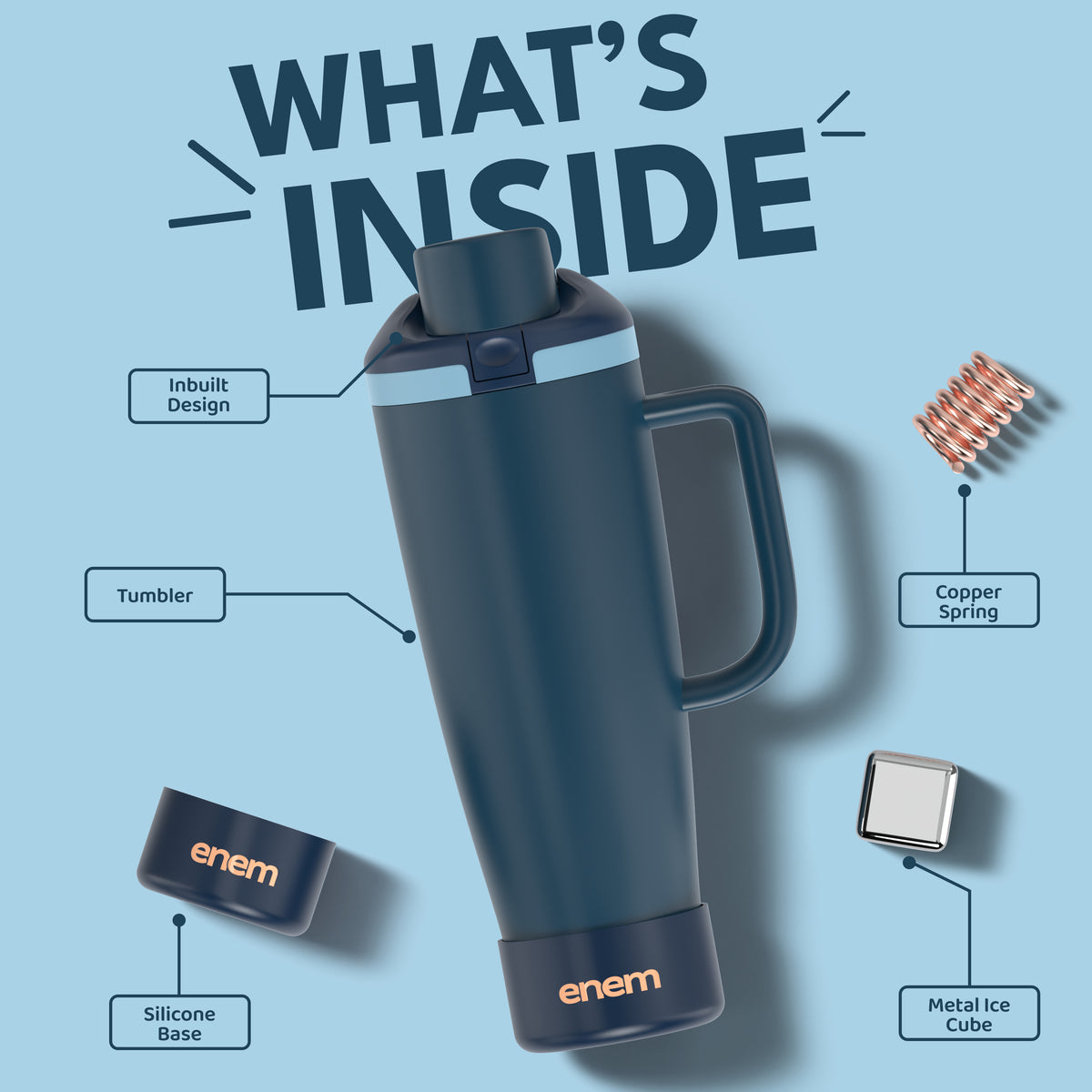 enem Deep Dive Inbuilt Straw Tumbler with Handle, Stainless Steel Large Travel Mug, 1.2L