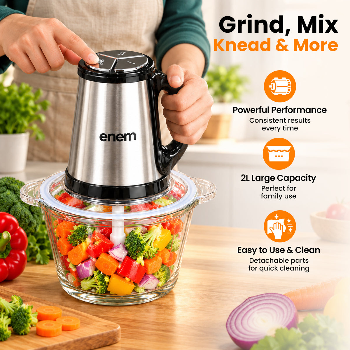 enem Electric Chopper for Kitchen, 2 Litre Stainless Steel Meat Mincer with Glass Container, 300W Vegetable Cutter with 5 Attachments, Garlic Peeler, Egg Whisker & Carrot Grater (Copy)