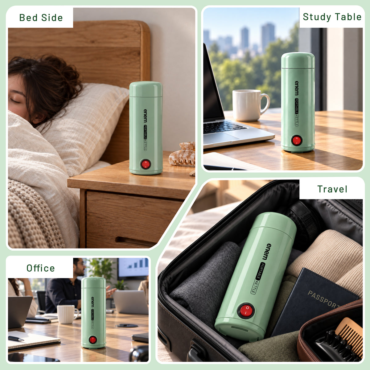 Enem Portable Electric Kettle 350ml, Mini Travel Kettle Food Grade Stainless Steel, Double Wall Insulation, Auto Shut-Off & Dry Boil Protection, Office, Travel & Home, Sage Green