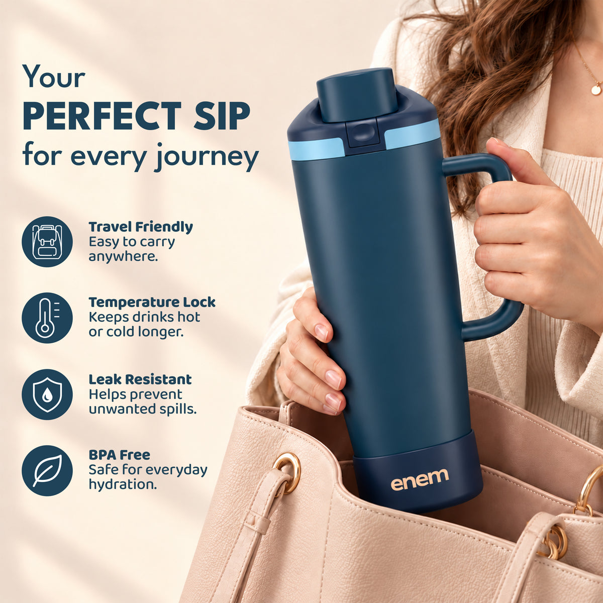 enem Deep Dive Inbuilt Straw Tumbler with Handle, Stainless Steel Large Travel Mug, 1.2L