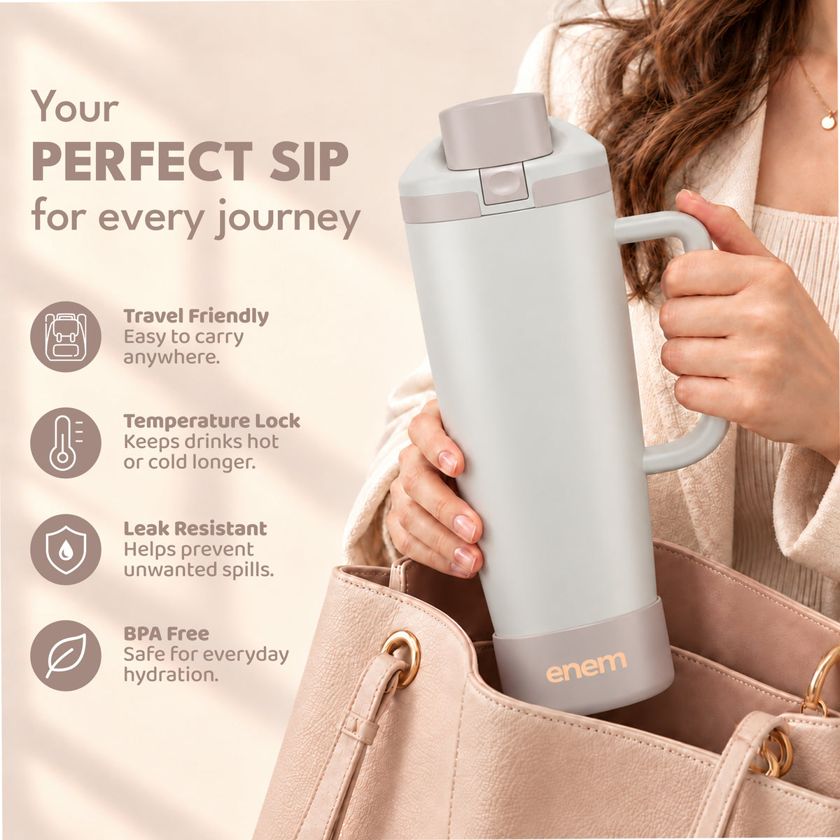enem Vanilla Latte Inbuilt Straw Tumbler with Handle, Stainless Steel Large Travel Mug, 1.2L