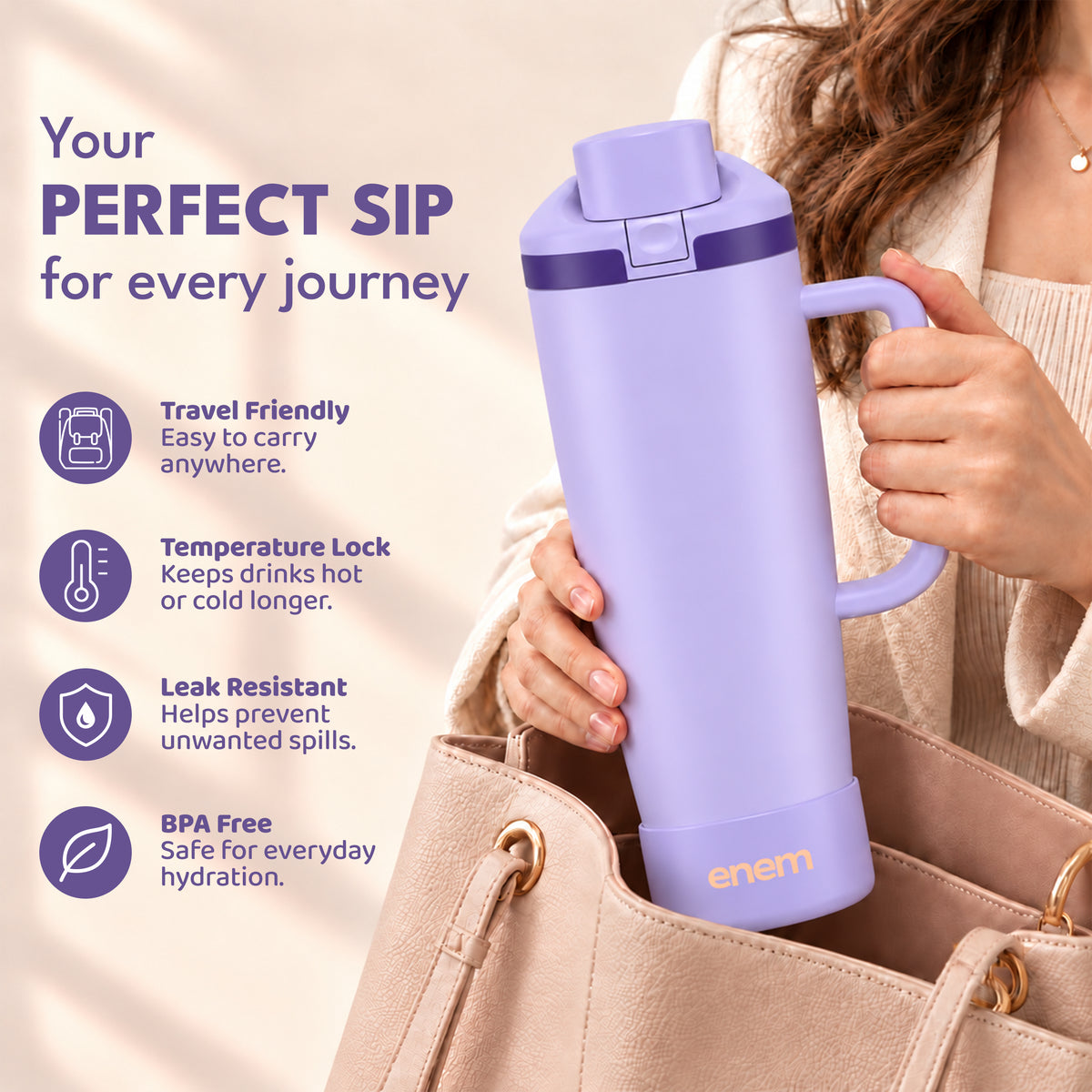 enem Soft Orchid Inbuilt Straw Tumbler with Handle, Stainless Steel Large Travel Mug, 1.2L