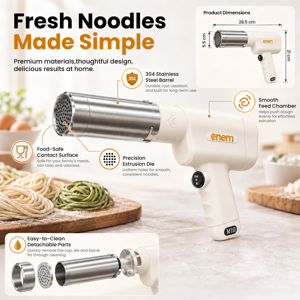 enem Electric Idiyappam Maker, Cordless Rechargeable Pasta & Noodle Maker with 24 Interchangeable Moulds, 50W Automatic Dough Press Machine, USB Rechargeable, White, with 15 Month Warranty