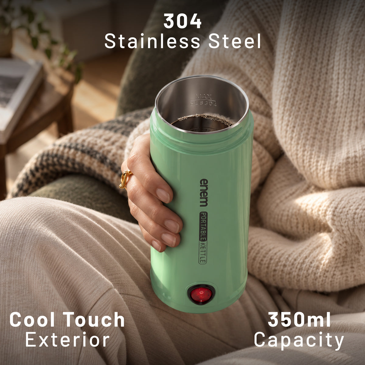 Enem Portable Electric Kettle 350ml, Mini Travel Kettle Food Grade Stainless Steel, Double Wall Insulation, Auto Shut-Off & Dry Boil Protection, Office, Travel & Home, Sage Green