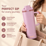 enem Velvet Rose Inbuilt Straw Tumbler with Handle, Stainless Steel Large Travel Mug, 1.2L