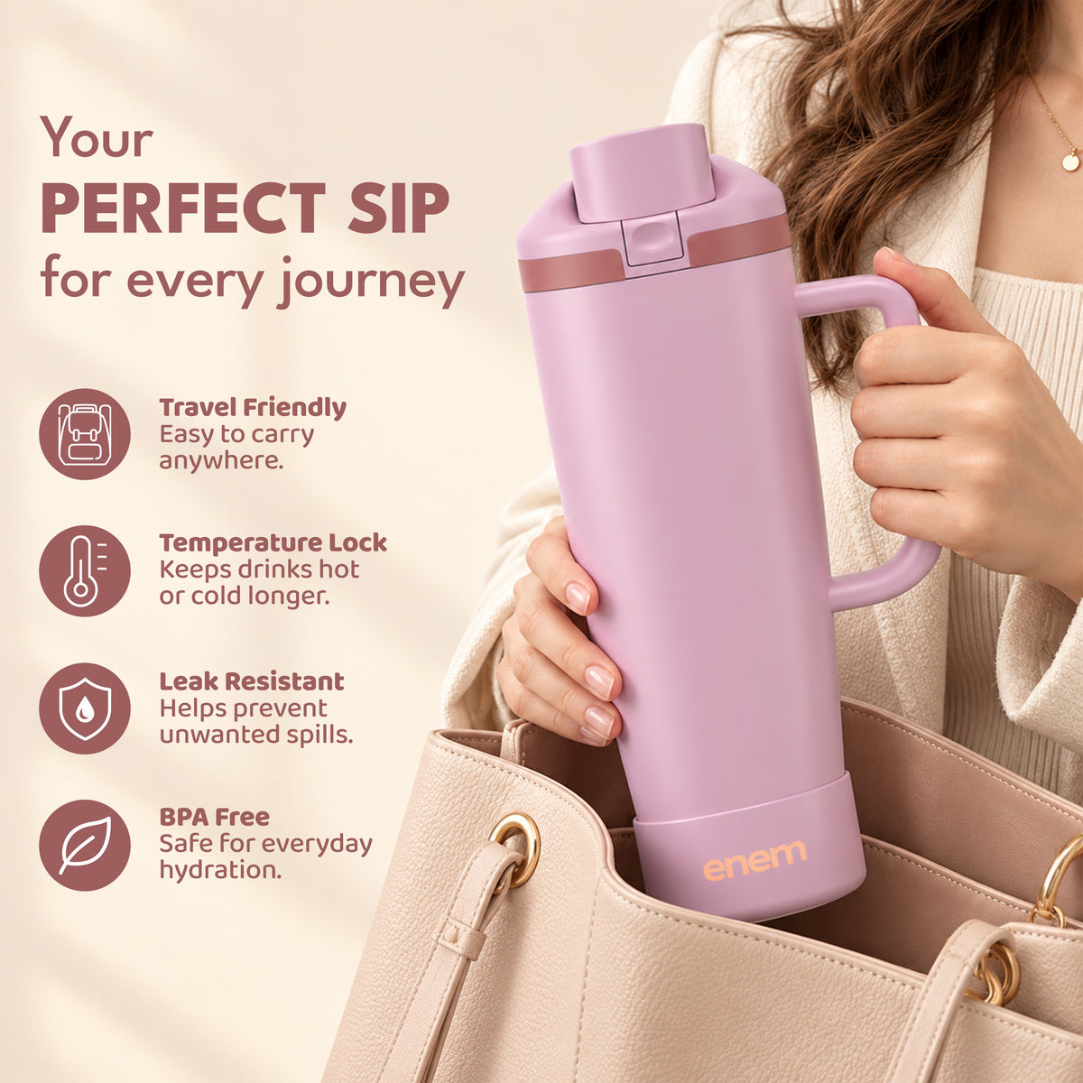 enem Velvet Rose Inbuilt Straw Tumbler with Handle, Stainless Steel Large Travel Mug, 1.2L