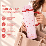 enem Pink Crush Inbuilt Straw Tumbler with Handle, Stainless Steel Large Travel Mug, 1.2L