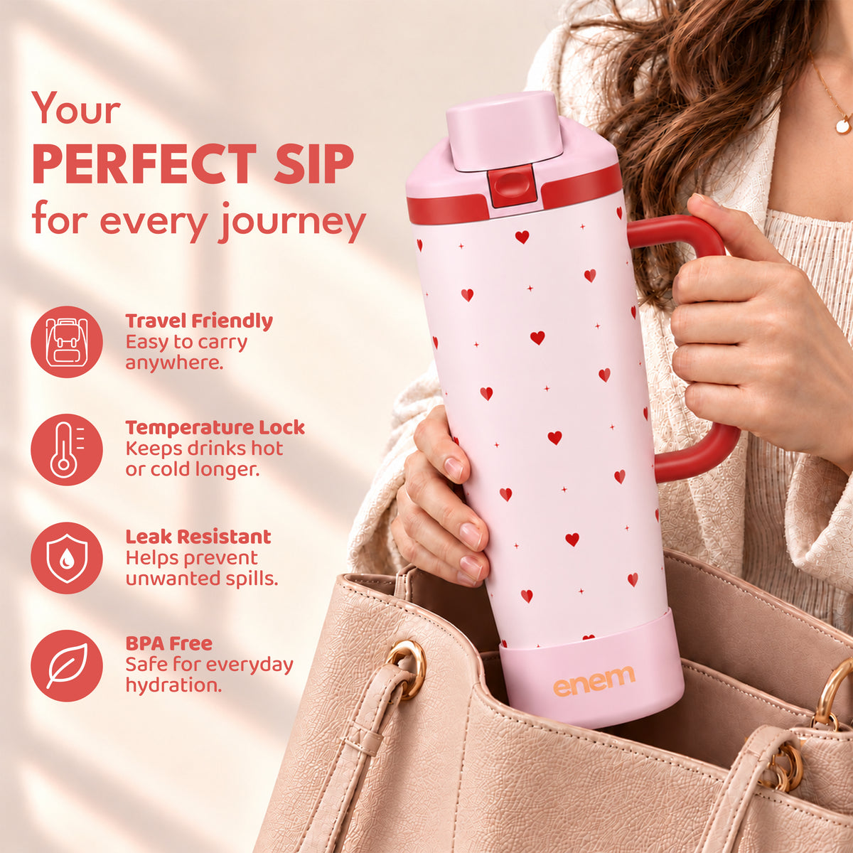 enem Pink Crush Inbuilt Straw Tumbler with Handle, Stainless Steel Large Travel Mug, 1.2L