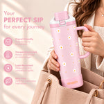 enem Sweet Floral Inbuilt Straw Tumbler with Handle, Stainless Steel Large Travel Mug, 1.2L