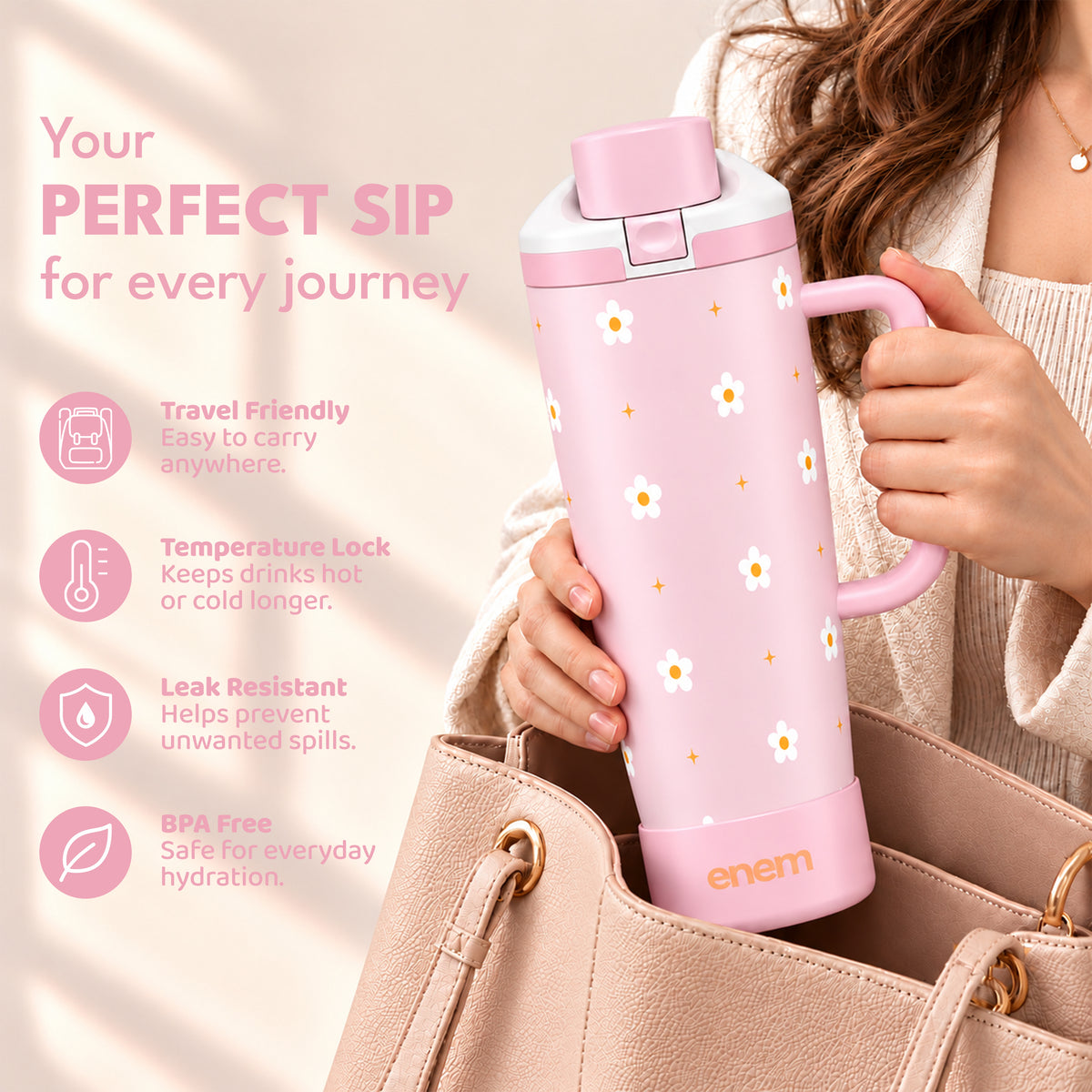 enem Sweet Floral Inbuilt Straw Tumbler with Handle, Stainless Steel Large Travel Mug, 1.2L