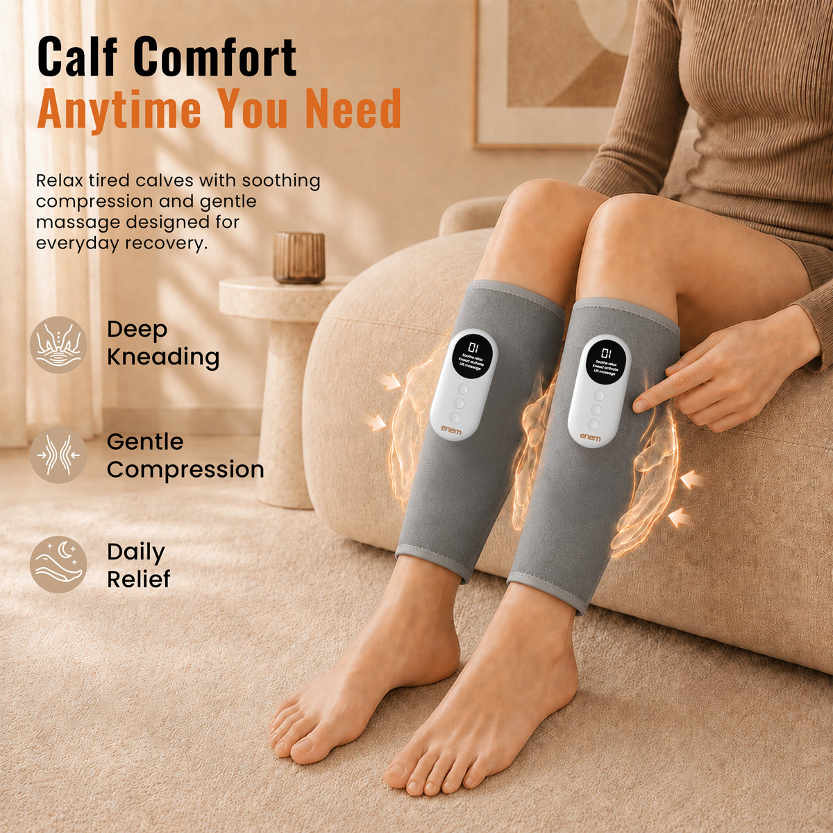 enem Leg Massager for Circulation, Air Compression Calf Massager with Heat, 3 Massage Modes & 3 Intensity Levels, Adjustable Leg Wraps for Muscle Relaxation, Foot & Calf Massage, (Pair, Gr