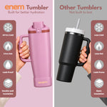 enem Velvet Rose Inbuilt Straw Tumbler with Handle, Stainless Steel Large Travel Mug, 1.2L