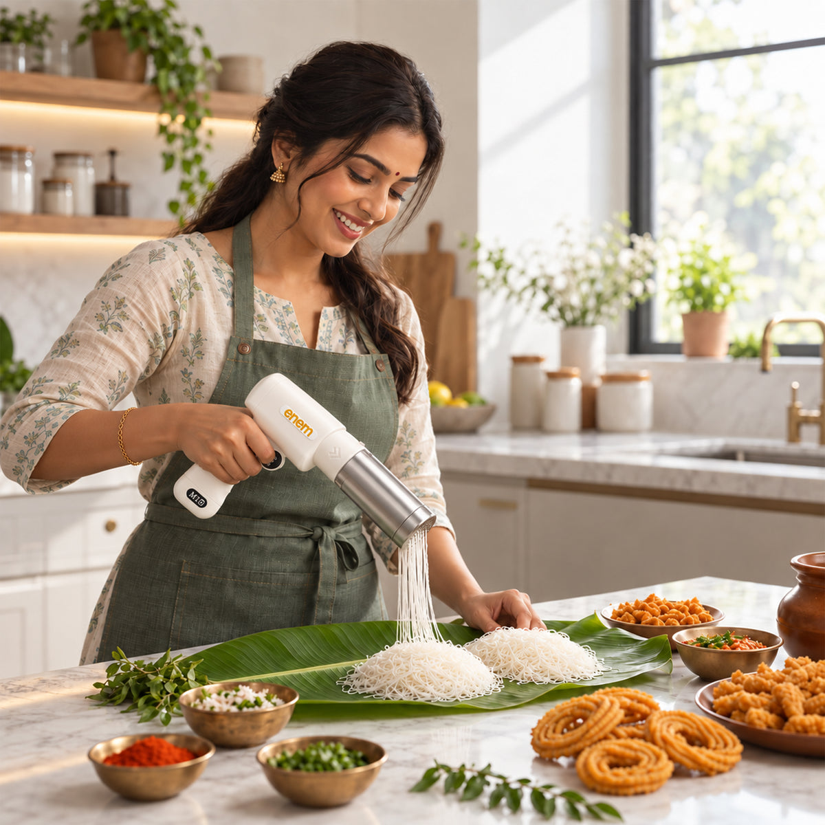 enem Electric Idiyappam Maker, Cordless Rechargeable Pasta & Noodle Maker with 24 Interchangeable Moulds, 50W Automatic Dough Press Machine, USB Rechargeable, White, with 15 Month Warranty