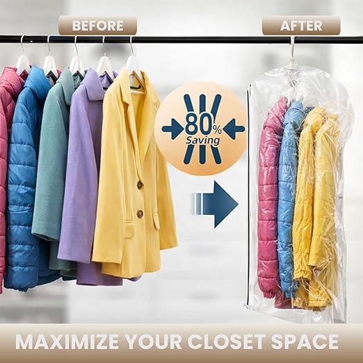 ENEM Hanging Vacuum Storage Bags with Electric Pump – Pack of 4 (2 Jumbo + 2 Large) | Space-Saving Wardrobe Organizer | Reusable | 1 Year Warranty
