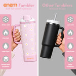 enem Sweet Floral Inbuilt Straw Tumbler with Handle, Stainless Steel Large Travel Mug, 1.2L