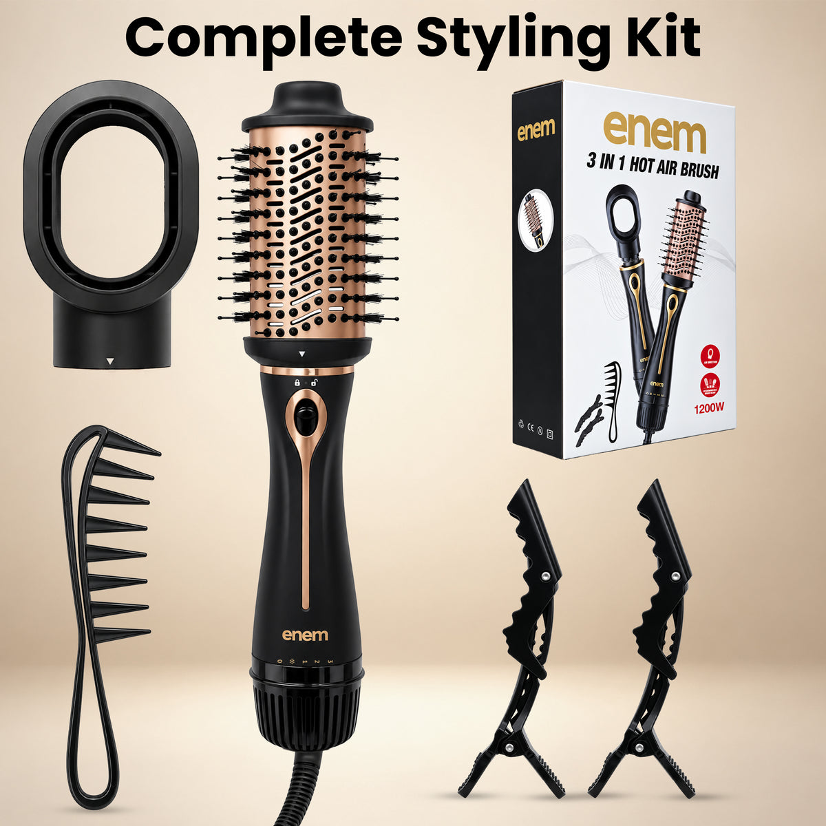enem 3-in-1 Hot Air Brush, 1.5 Inch Barrel Hair Dryer, Hair Straightener & Volumizer, 1200W Blow Dryer Styling Tool for Hairs for Girls & Womens