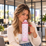 enem Pink Crush Inbuilt Straw Tumbler with Handle, Stainless Steel Large Travel Mug, 1.2L