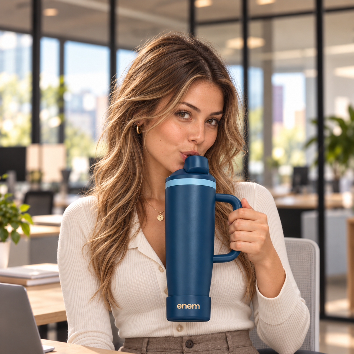 enem Deep Dive Inbuilt Straw Tumbler with Handle, Stainless Steel Large Travel Mug, 1.2L