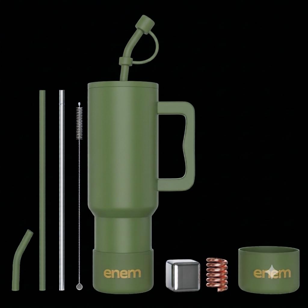 enem Tumbler, Iced Matcha, Tumbler with Metal Straw, Sipper, with Lid Leak Proof, 1 Metal Ice Cube, 1 Copper Spring (Tamba), Base Protector, Straw Cap, Mug Travel, 1.2L