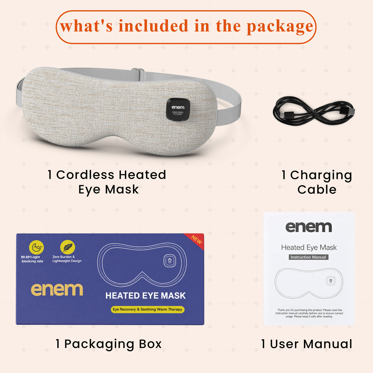 enem Heated Eye Mask Cordless for Dry Eyes, Rechargeable Warm Mask for Eye Fatigue, Puffy Eyes & Improved Sleep, Washable Heating Pad with Replaceable Cover, Travel Friendly