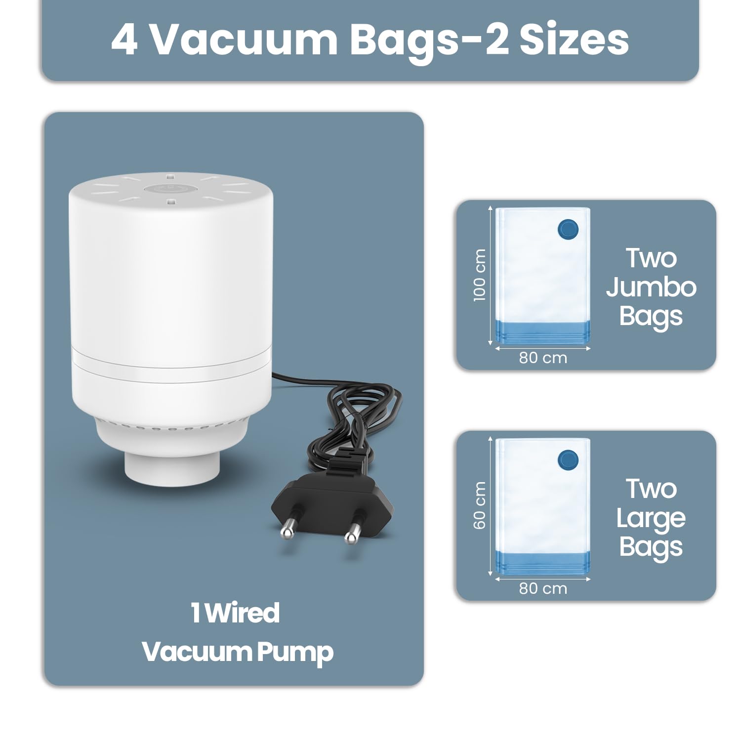 enem Vacuum Storage Bags for Clothes Pack of 4 Bags (2 Large 100x80cm, 2 Small 80x24cm) | Space Saving Travel Vacuum Bags | Wardrobe Organizer & Clothes Storage Bags for Home, Travel
