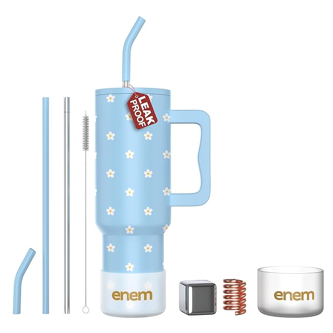 Enem Tumbler, Sky Bloom, Tumbler with Metal Straw, Sipper, with Lid , 1 Metal Ice Cube, 1 Copper Spring (Tamba), Base Protector, Mug Travel, 1.2L