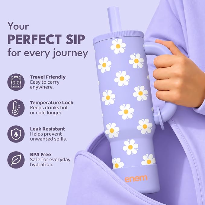 ENEM Stainless Steel Insulated Tumbler 1200ml – Travel Mug | Plugged Straw | Lilac Bloom | With Accessories