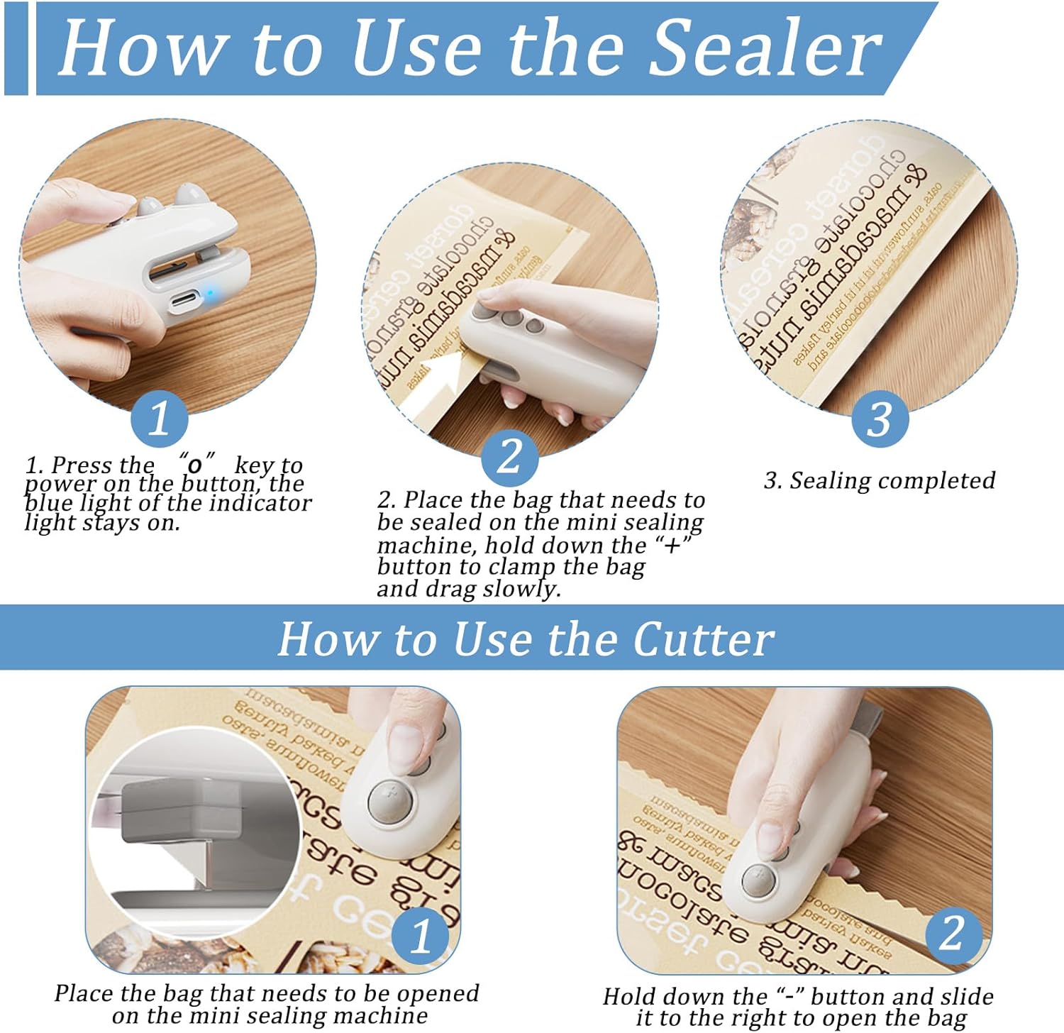 Mini Bag Sealer, 2 in 1 Chip Bag Sealer with Cutter, Rechargeable Bag Sealer Heat Seal, Portable Resealer Machine for Plastic Bags Food Storage Snacks Freshness (White,1pack)