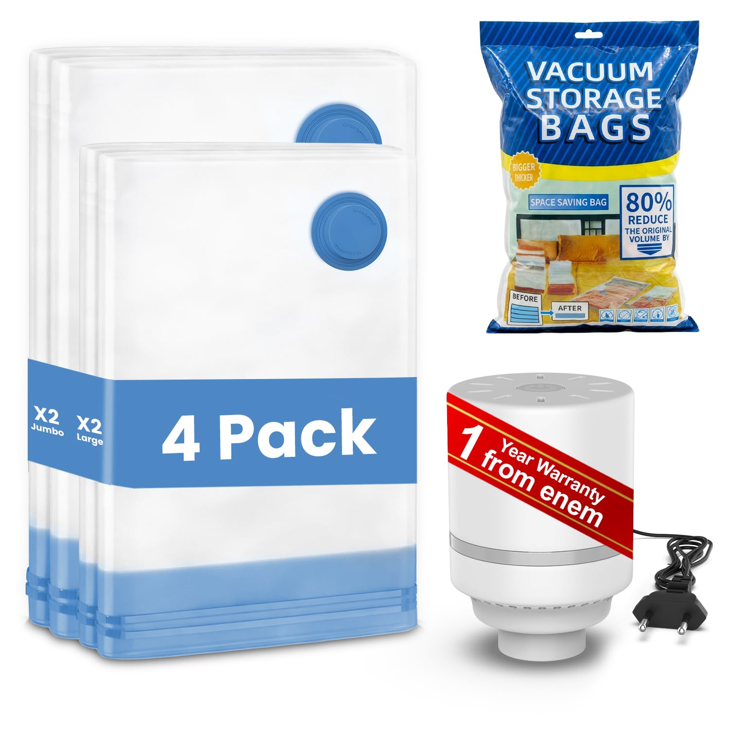 enem Vacuum Storage Bags for Clothes Pack of 4 Bags (2 Large 100x80cm, 2 Small 80x24cm) | Space Saving Travel Vacuum Bags | Wardrobe Organizer & Clothes Storage Bags for Home, Travel