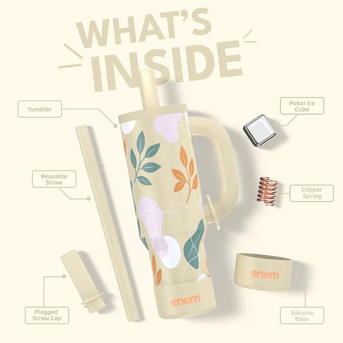ENEM Stainless Steel Insulated Tumbler 1200ml – Travel Mug | Plugged Straw | Desert Leaf | With Accessories