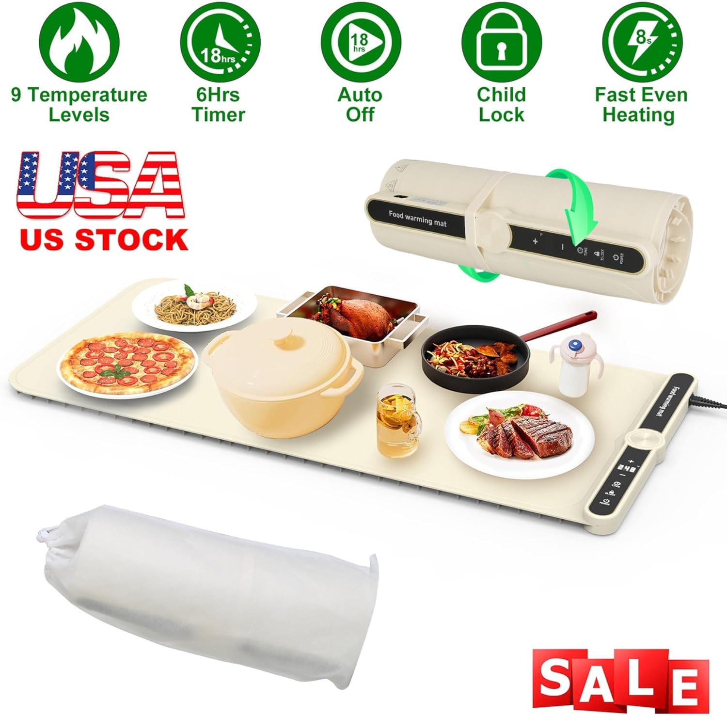 Enem Food Warming mat, Food Warmer Electric, 1 Year Warranty & Full Customer Support from Enem, Heat Pad with Adjustable Temperature Levels, Portable Buffet, 81 * 38 cm, with Heat Insulation Pad