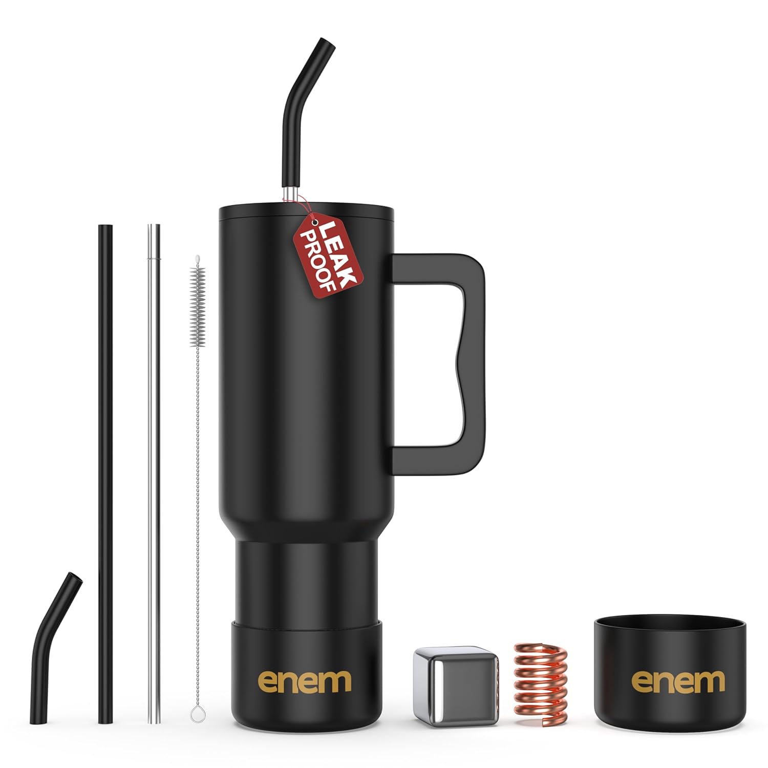 enem Tumbler, Alpha Black, Tumbler with Metal Straw, Sipper, with Lid , 1 Metal Ice Cube, 1 Copper Spring (Tamba), Base Protector, Mug Travel, 1.2L