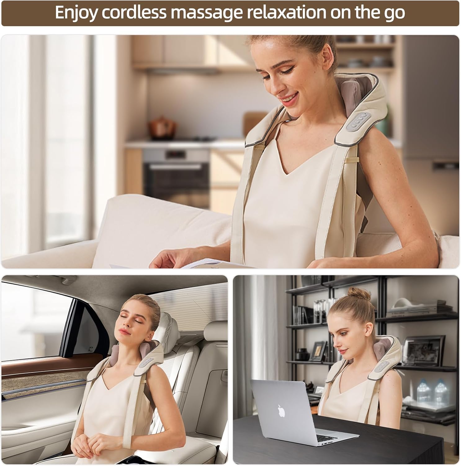 Enem Neck & Back Massager with Heat – Deep Tissue Pain Relief, Cordless Rechargeable | White