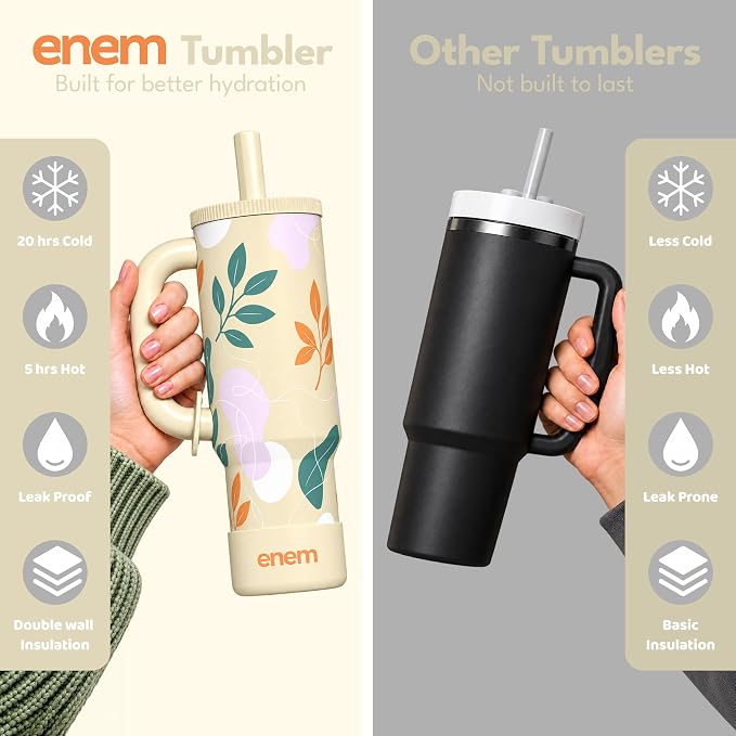 ENEM Stainless Steel Insulated Tumbler 1200ml – Travel Mug | Plugged Straw | Desert Leaf | With Accessories