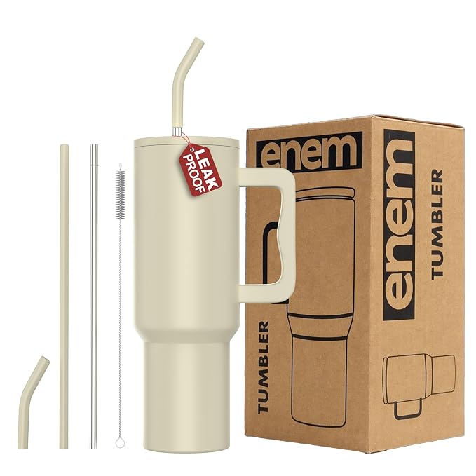 enem Tumbler, Minimal Latte, Insulated Premium Vacuum Tumblers, Stainless Steel Travel Mug with Handle, Lid & Straw, 1.2L Tumbler for Coffee, Iced Tea, or Water