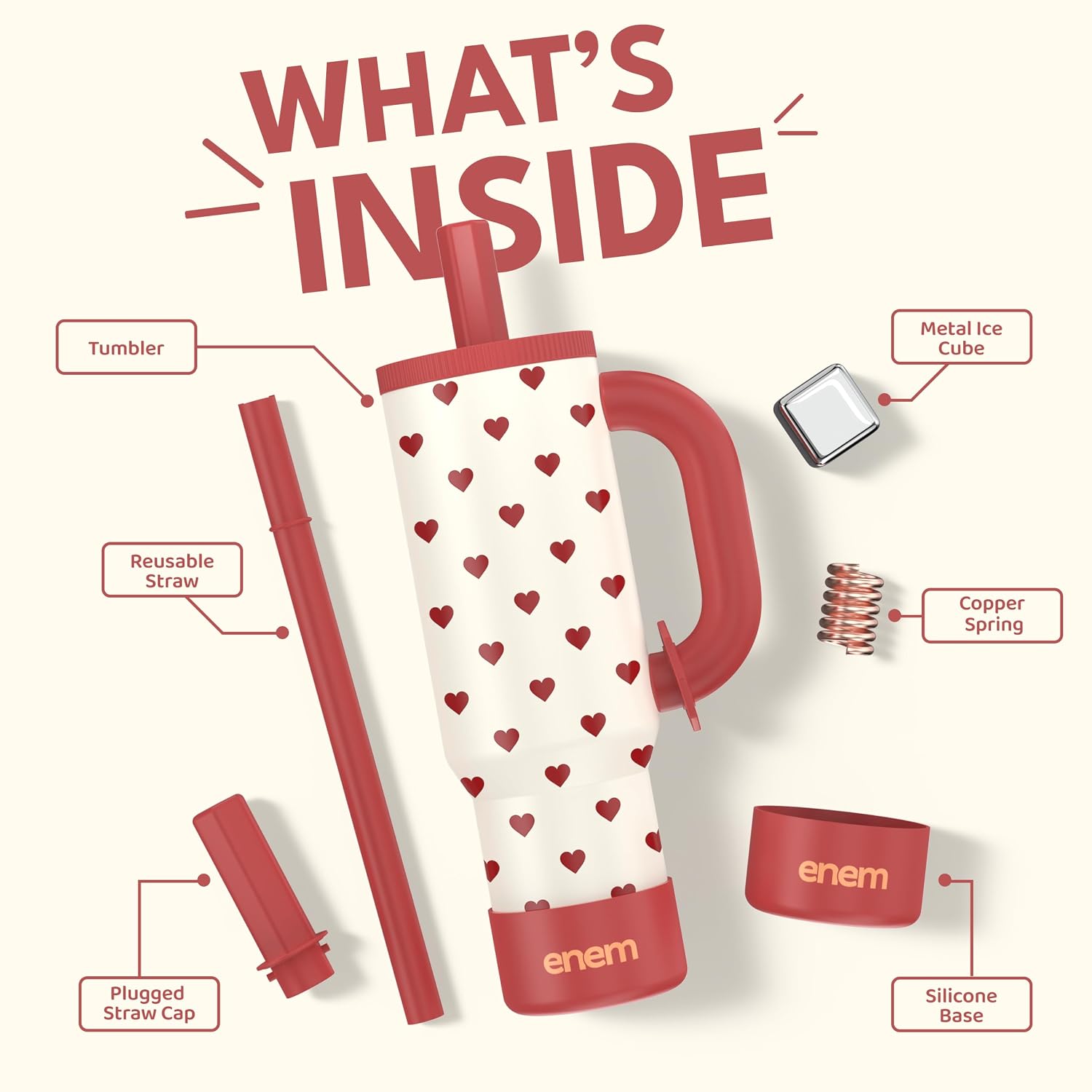 ENEM Stainless Steel Insulated Tumbler 1200ml – Travel Mug | Plugged Straw | Cupid Cream | With Accessories