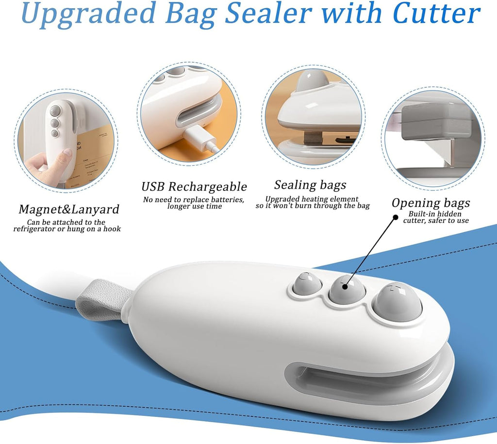 Mini Bag Sealer, 2 in 1 Chip Bag Sealer with Cutter, Rechargeable Bag Sealer Heat Seal, Portable Resealer Machine for Plastic Bags Food Storage Snacks Freshness (White,1pack)