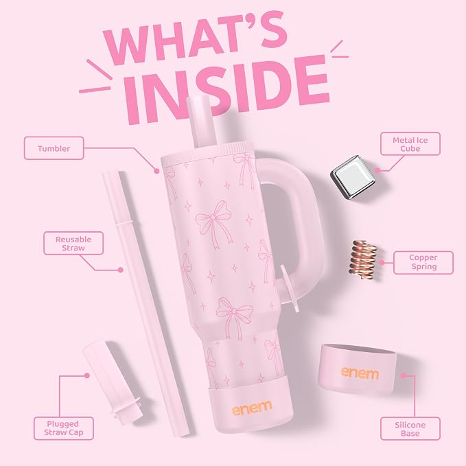 ENEM Stainless Steel Insulated Tumbler 1200ml – Travel Mug | Plugged Straw | Bowl Blush | With Accessories