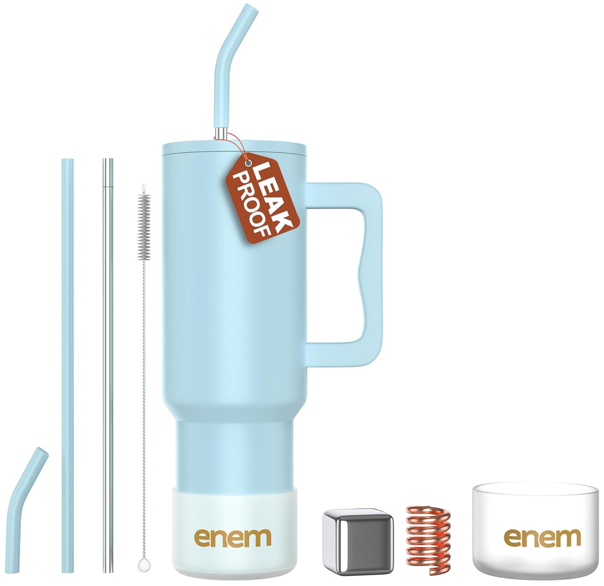 enem Tumbler, Sky Chill, Tumbler with Metal Straw, Sipper, with Lid , 1 Metal Ice Cube, 1 Copper Spring (Tamba), Base Protector, Mug Travel, 1.2L