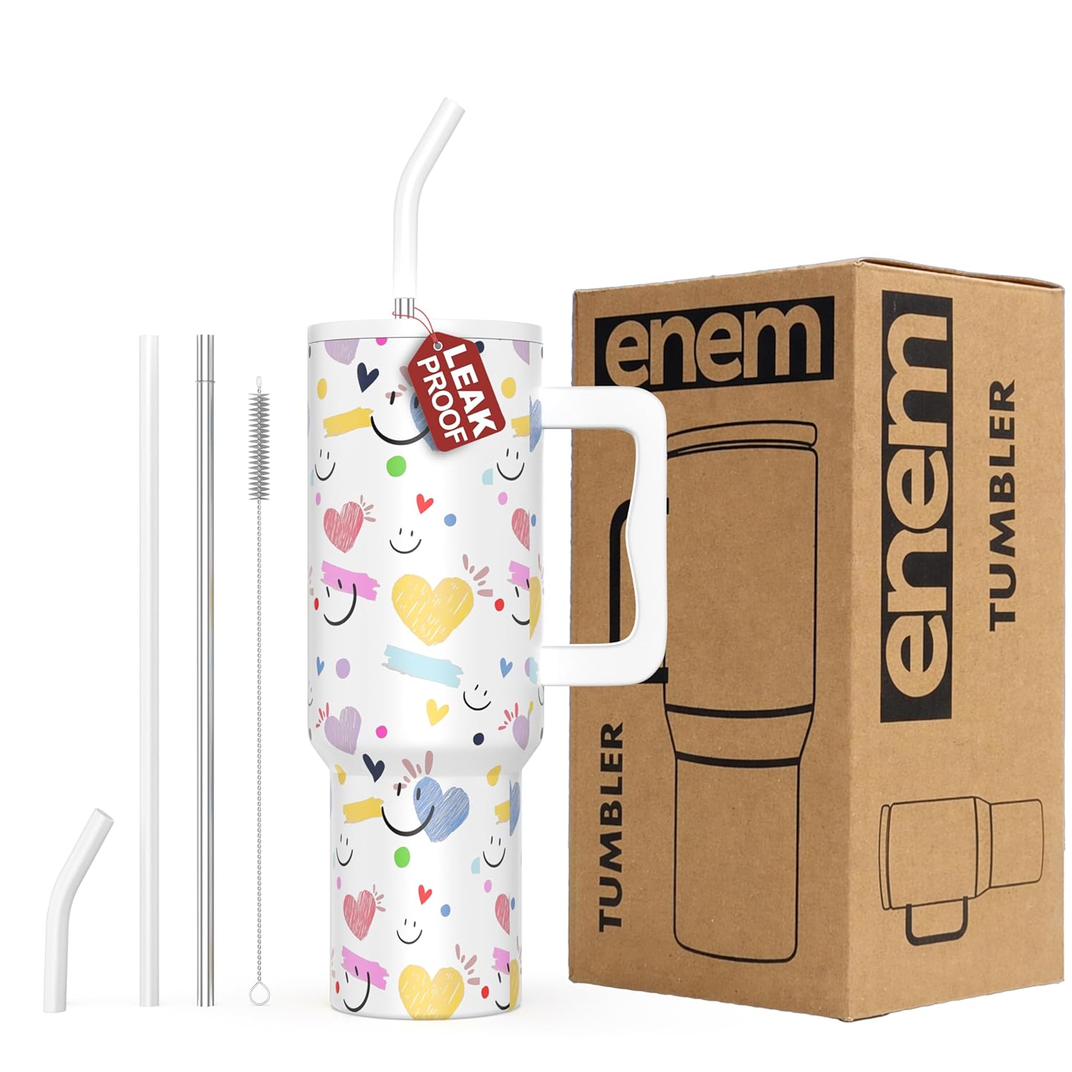 enem Tumbler, Happy Chaos, Tumbler with Metal Straw, Sipper, with Lid Leak Proof, - 1.2(L) - Without Accessories