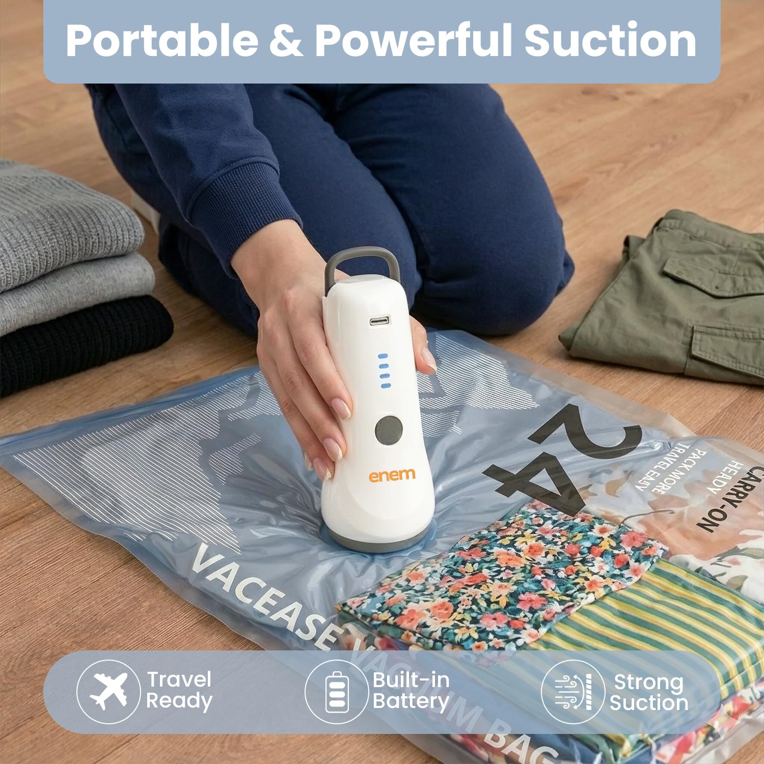 Enem Rechargeable Electric Vacuum Pump for Vacuum Storage Bags, 1500mAh Battery, Fast Air Extraction in 30-45 Seconds, Portable Pump with 5-Level Power Indicator, Compatible with Most Storage Bags