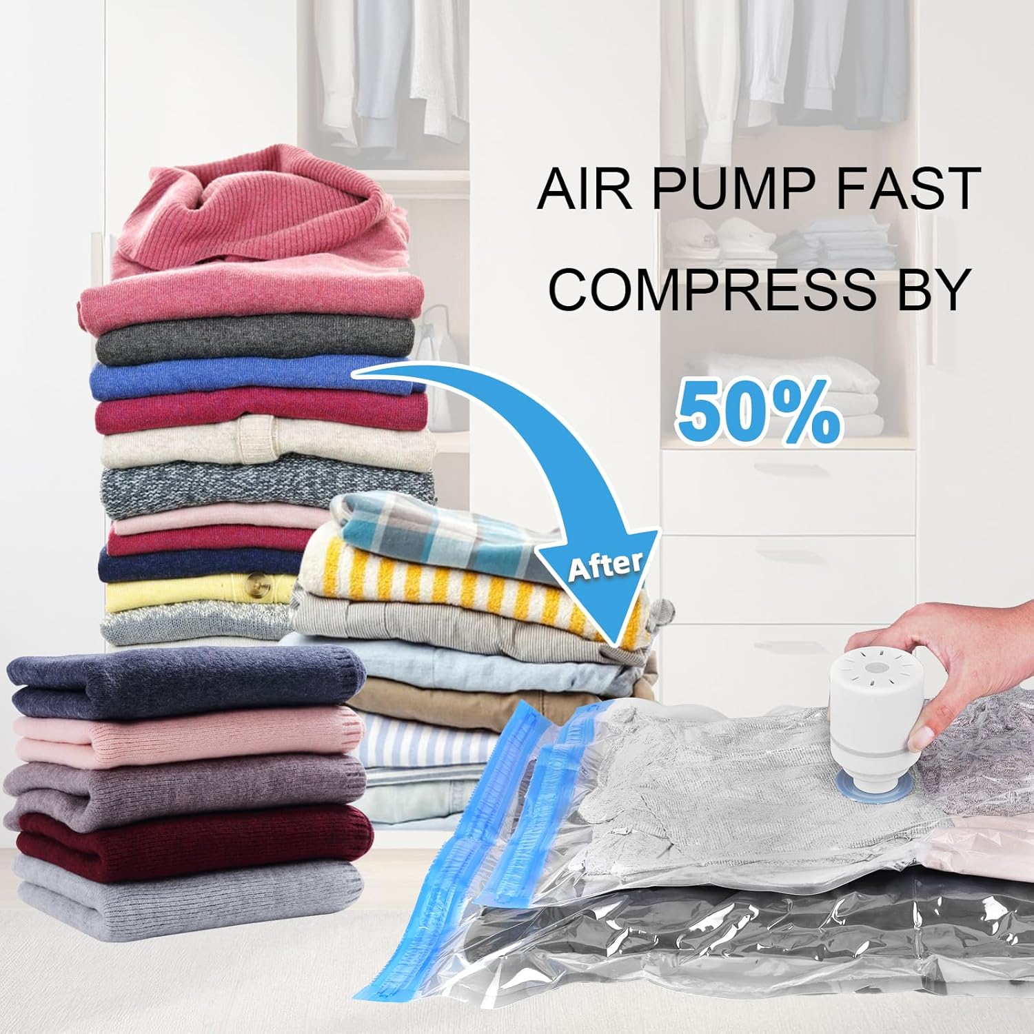 enem Vacuum Bags For Clothes With Pump | Pack of 8 (2 Jumbo, 2 Large, 2 Medium, 2 Small) | Travel Vacuum Bags For Clothes | Wardrobe Organizer For Storage | 1 Year Warranty from enem