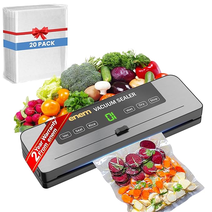 ENEM Vacuum Sealer Machine for Packing with Cutter, with 2 Year Warranty from enem, Sealing Machine for Food Packets, 65kpa Automatic Dry & Wet Air Packet Sealer Machine, With Free 20 Vacuum Pouches