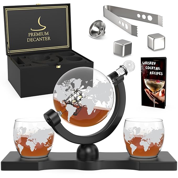 Enem Whiskey Globe Decanter Set with 2 Glasses