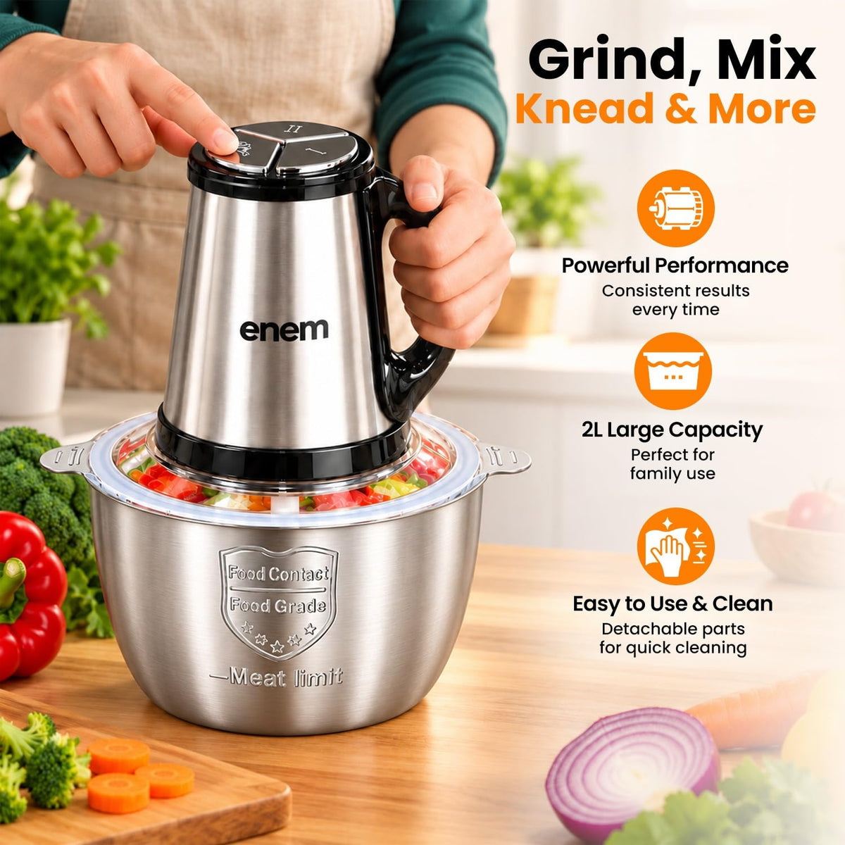 enem Electric Chopper for Kitchen, 2 Litre Stainless Steel Meat Mincer Without Glass Container, 300W Vegetable Cutter with 5 Attachments, Garlic Peeler, Egg Whisker & Carrot Grater