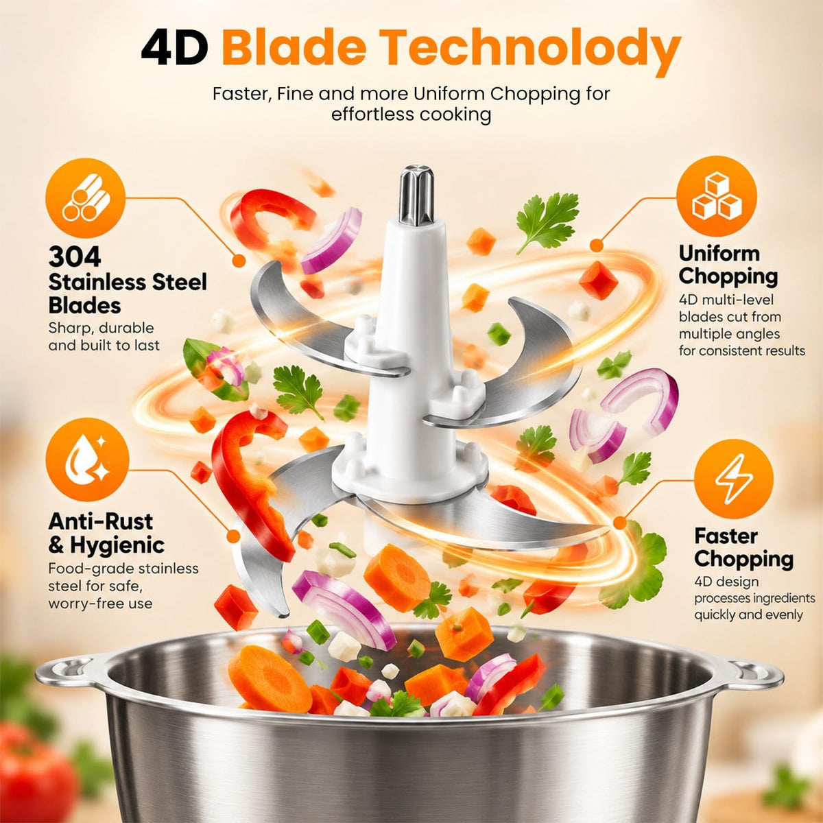 enem Electric Chopper for Kitchen, 2 Litre Stainless Steel Meat Mincer Without Glass Container, 300W Vegetable Cutter with 5 Attachments, Garlic Peeler, Egg Whisker & Carrot Grater