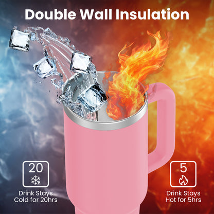 enem Tumbler, Creamy Pink, Tumbler with Inbuilt Straw, Sipper, with Lid Leak Proof, 1 Metal Ice Cube & 1 Copper Spring (Tamba), Mug Travel, 1.2L