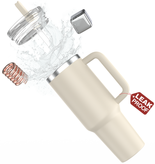 enem Tumbler, Latte Cream (Beige) Tumbler with Inbuilt Straw, Sipper, with Lid Leak Proof, 1 Metal Ice Cube & 1 Copper Spring (Tamba), Mug Travel, 1.2L