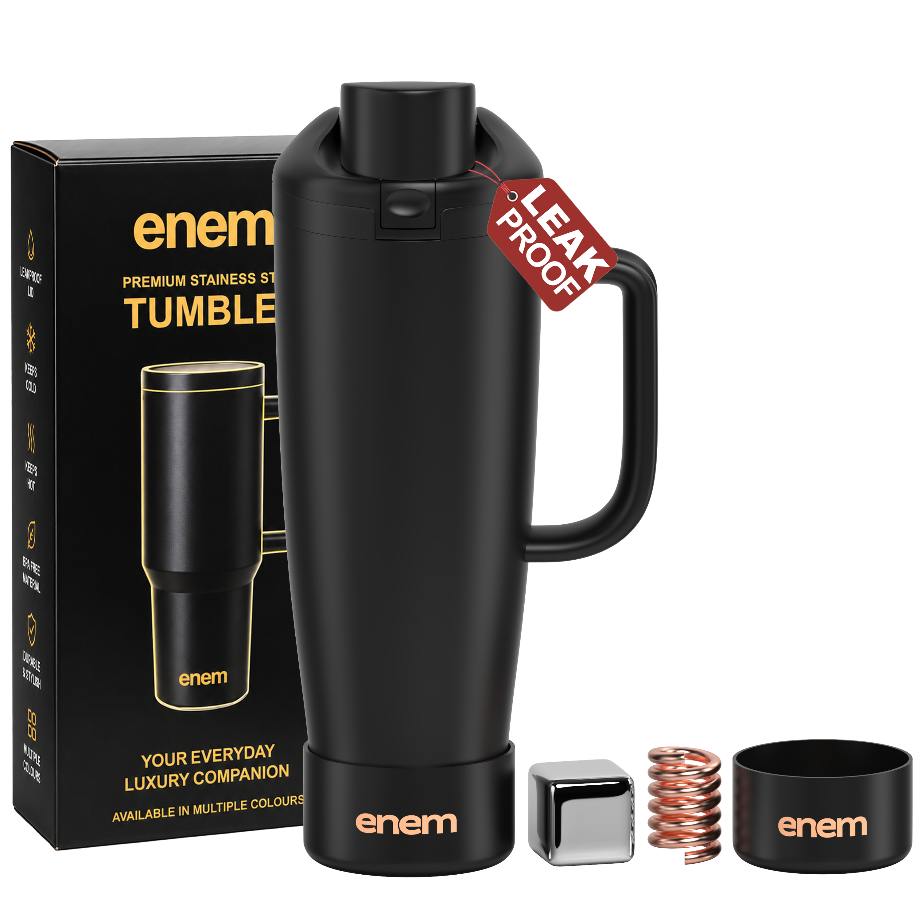 enem Midnight Black Inbuilt Straw Tumbler with Handle, Stainless Steel Large Travel Mug, 1.2L